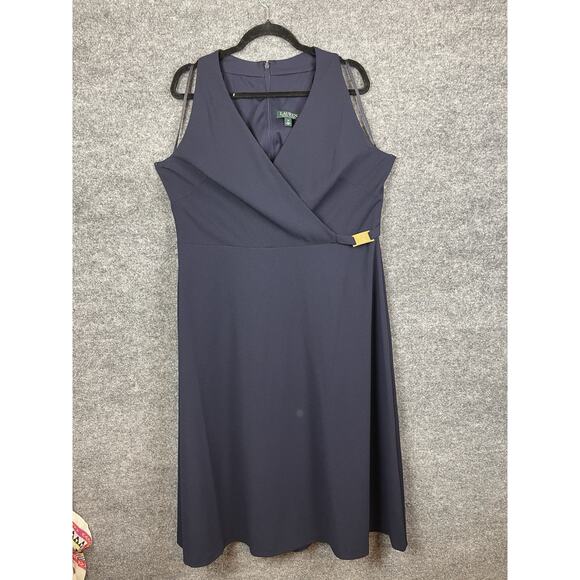 Lauren Ralph Lauren Dresses & Skirts - Ralph Lauren Crepe Sleeveless Dress Navy Blue Midi Gold Plated Logo Size 16